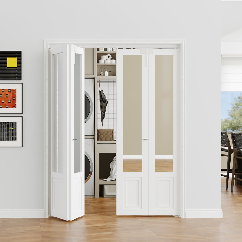 Porte pliante en miroir - Porte intérieure pliante en panneau de fibres à densité moyenne blanche avec portes pliantes avec quincaillerie, poignée et serrure supérieure