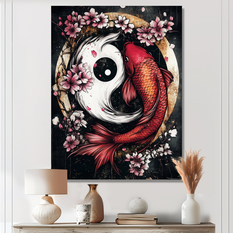 Étang mural Sakura Yin et Yang Koi, H 20 po x l 12 po x P 1 po, Toile tendue