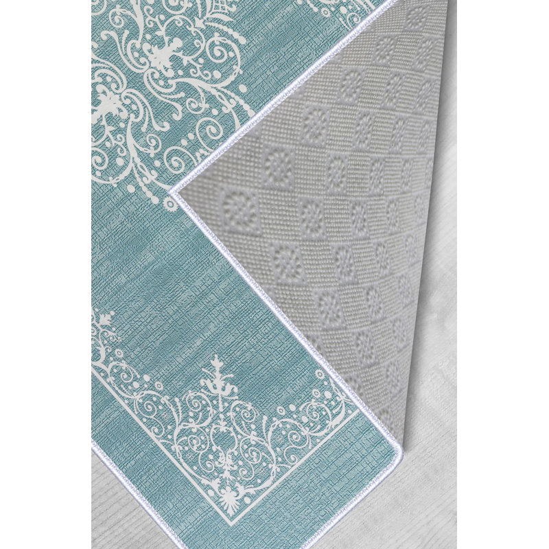 Tapis bleu / blanc en polyester tissé à la machine Amidon, Rectangle 3 pi 3 po x 4 pi 11 po