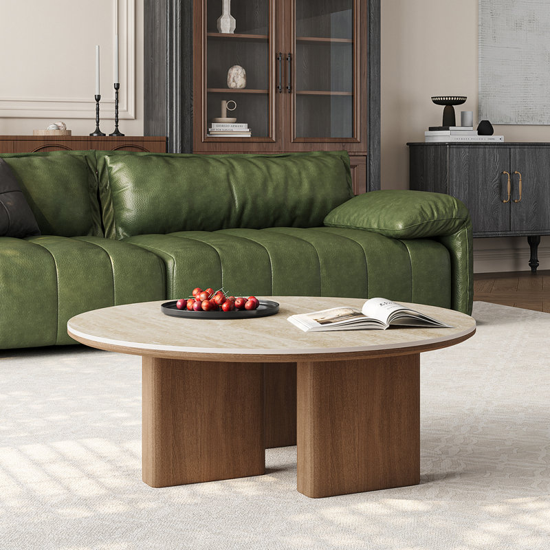 Table basse ronde moderne de 36 po avec plateau en faux marbre et trois pieds stables