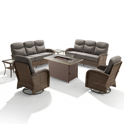 8-Person Outdoor Wicker Large Family Conversation Set With Sofas, Swivel Chairs And Fire Pit Table