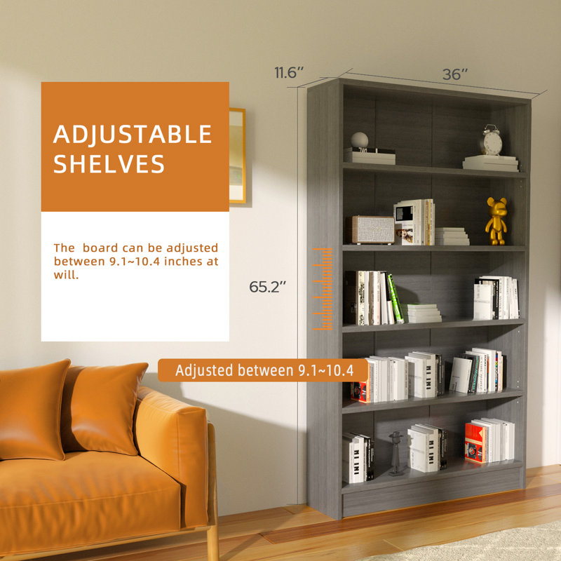 Bibliothèque standard Zahmira, Gris, (5 tablettes) H 60 po x l 36 po x P 12 po