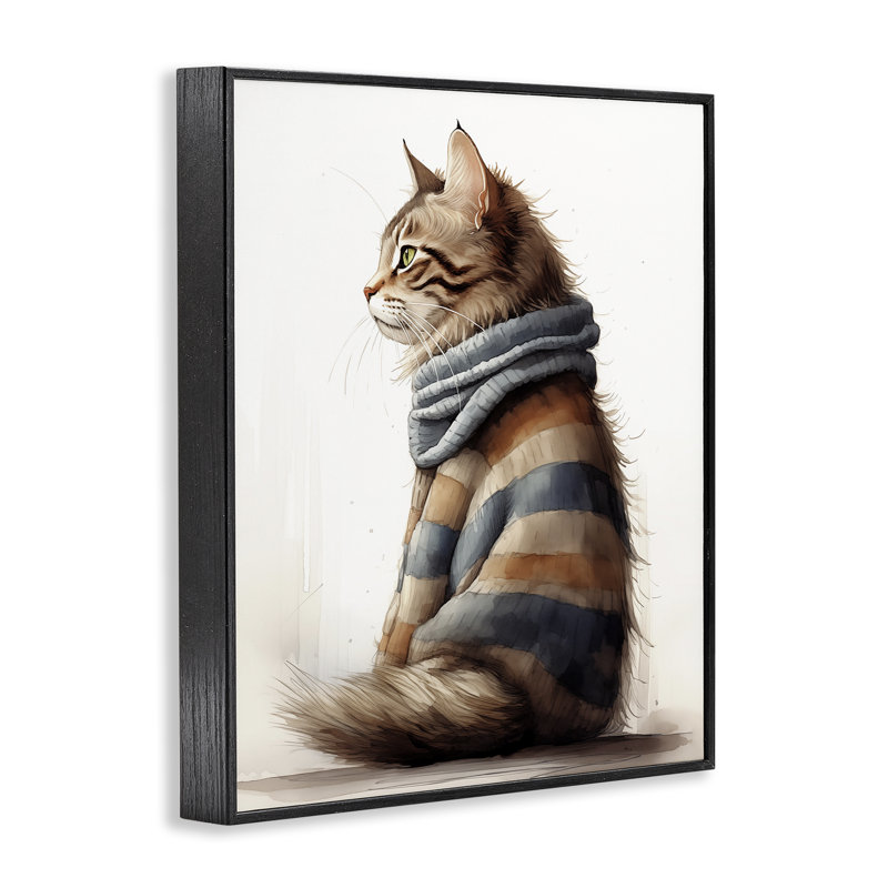 Chat en rayé, estampe numérique par Sasha, Giclée encadrée noir minuit, H 14 po x l 11 po
