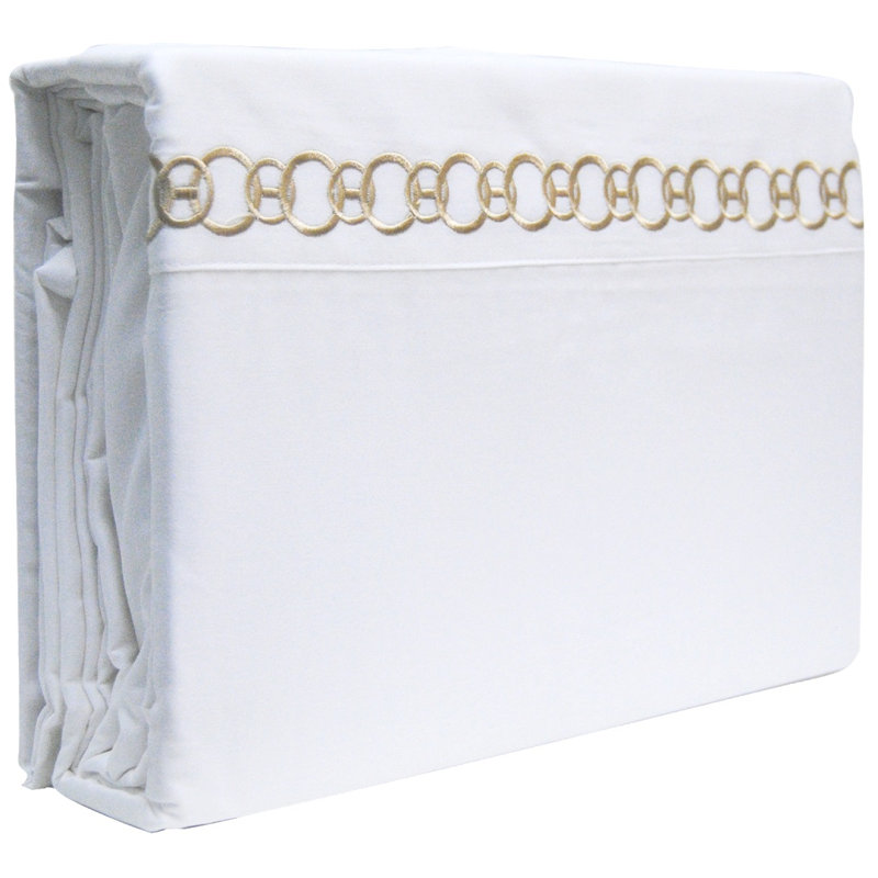 Ensemble de draps en satin de coton 300 fils de qualité supérieure, Très grand, Blanc / Doré