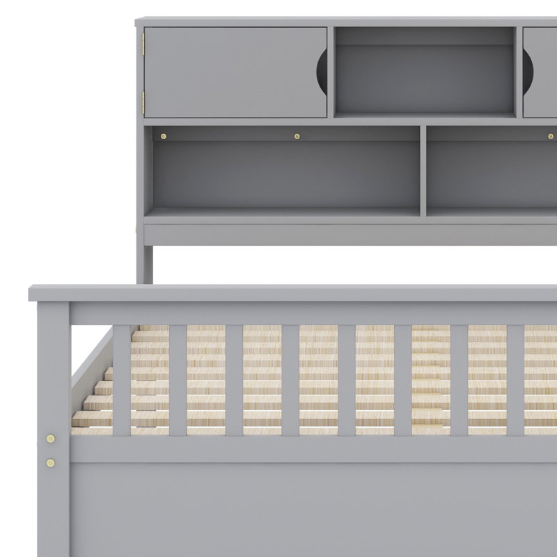 Base de lit plateforme capitaine avec bibliothèques de rangement et tablettes, quatre tiroirs, Gris