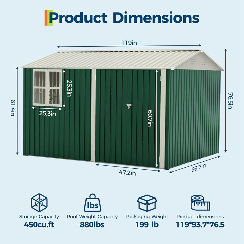 10 ft. W x 8 ft. D Outdoor Metal Storage Shed with Window & Lockable Door, Green, Green