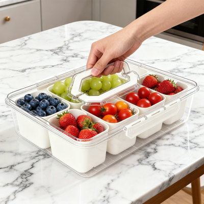 Divided Serving Tray With Lid & Handles, 8-Compartment Snack Box, Charcuterie Organizer For Candy, Nuts, Fruits, Snacks, Beige, 3 Pack