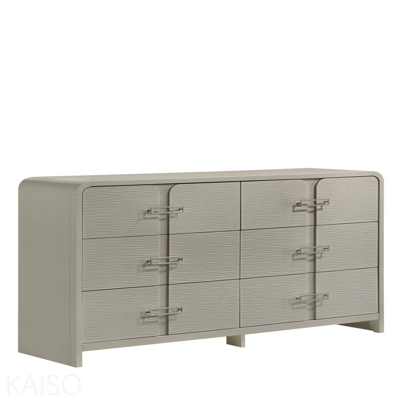 Commode moderne à 6 tiroirs avec façade texturée, poignées en métal et système de roulement à billes beige (inclut seulement la commode)