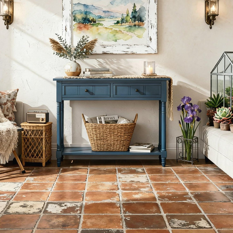 Console de style traditionnel avec deux tiroirs, Bleu marine foncé