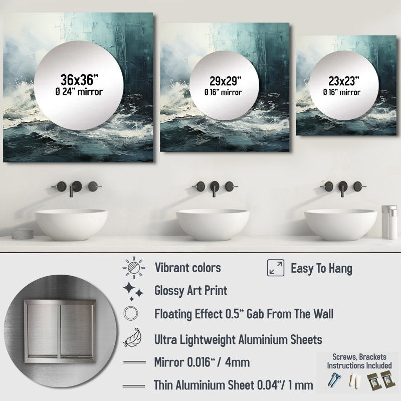 Minimalisme Paint Wave IV - Grand miroir mural carré pour chambre à coucher, 23 po x 23 po