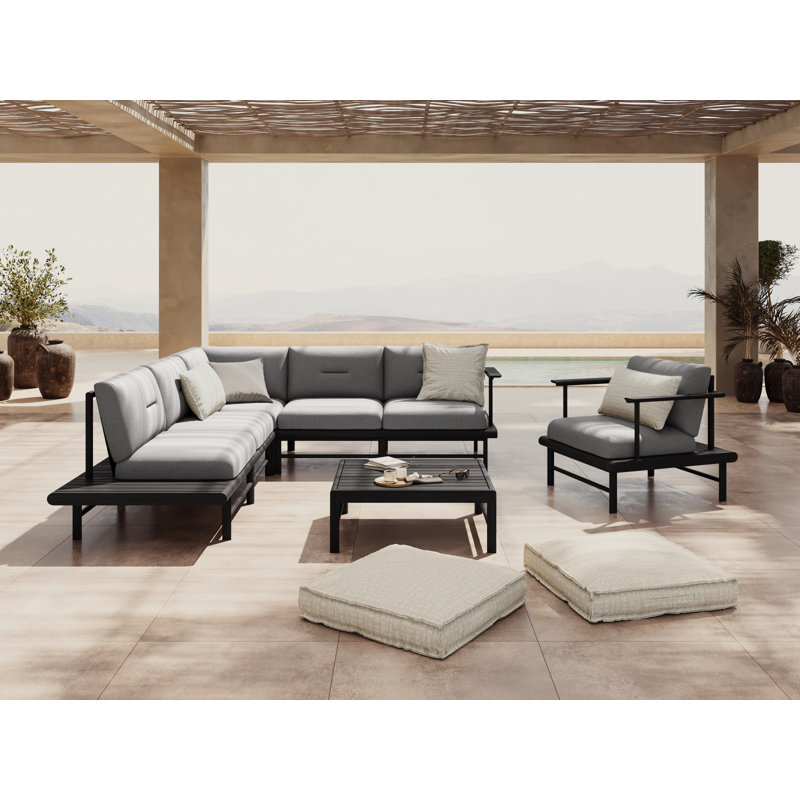 245cm Wide Metal Patio Sectional with Cushions, Light Grey