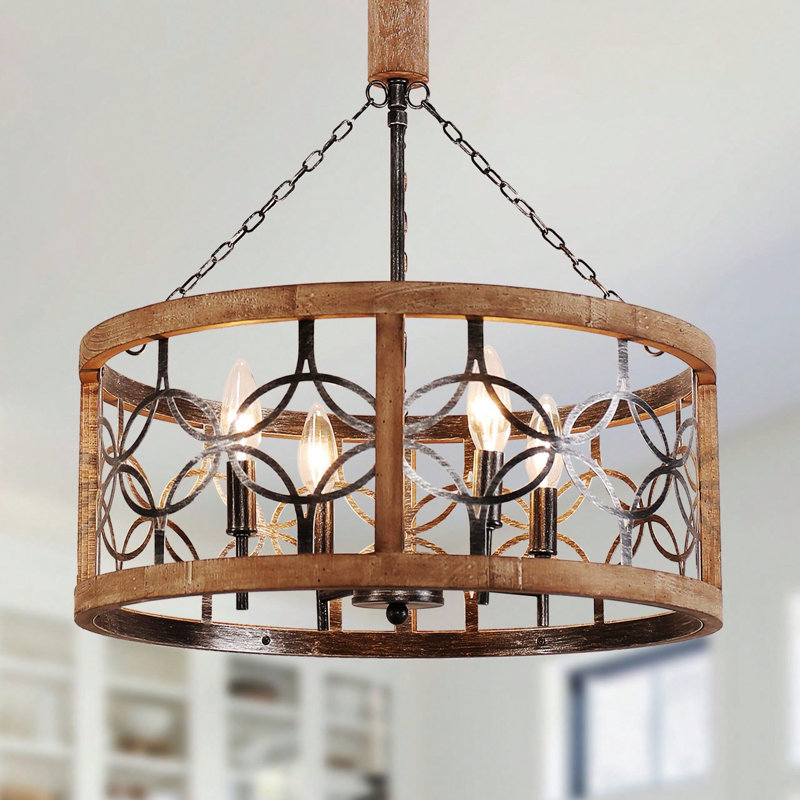 Lustre tambour 4 lumières Farmhouse Antique, Bois patiné