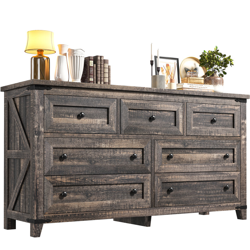 Dark Rustic Oak Farmhouse 7-Drawer Wood Dresser