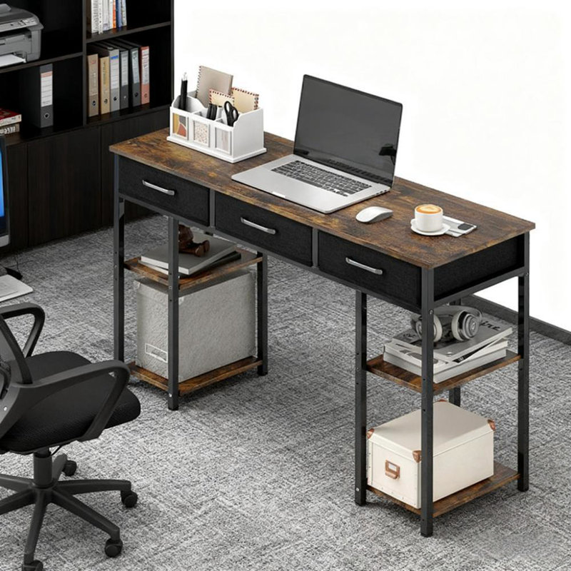 Bureau avec tablettes réglables et 3 tiroirs, Rustic Brown/Black