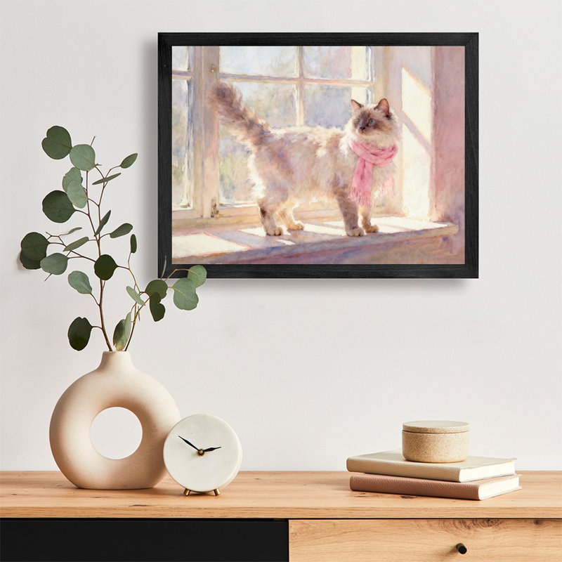 Reproduction d'art encadré noir avec chat rétro sous le soleil, H 9 po x l 11 po