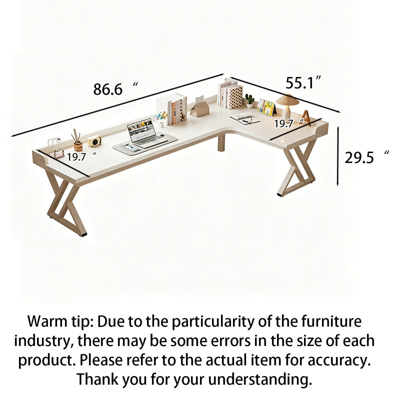 Bureau en coin en bois massif crème en L avec plaque de protection anti-basculement