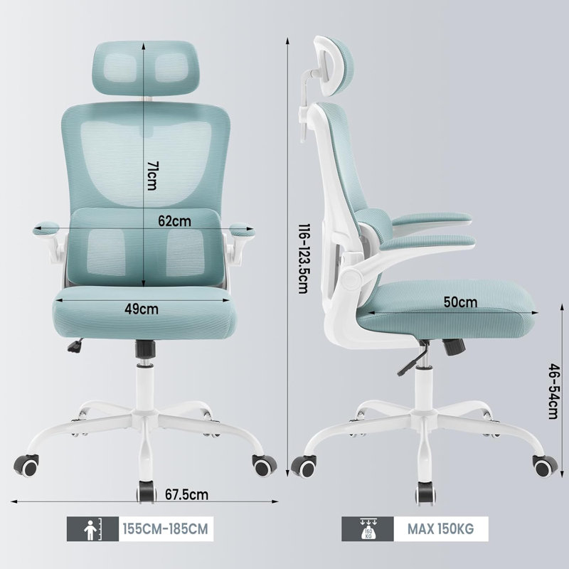 Geralde Office Chair with Headrest, Light Blue, White