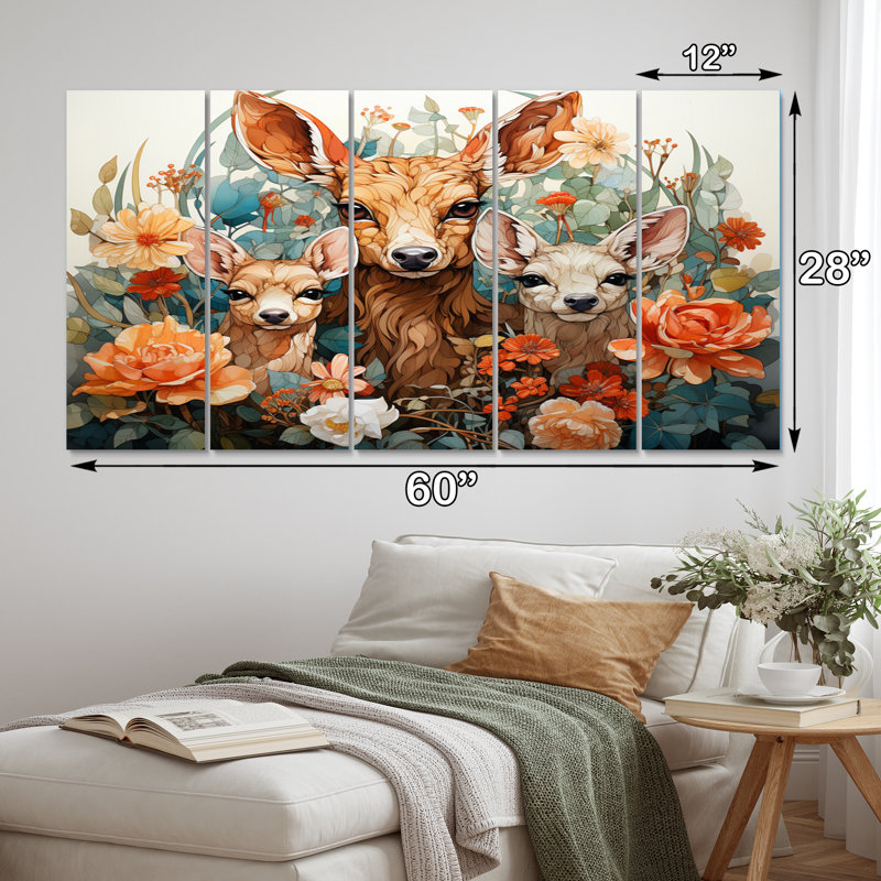 «Coral Brown Line Art Whimsical Animals I», reproduction d'art murale animaux - 5 panneaux égaux