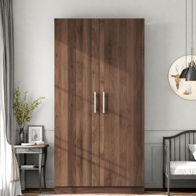 2-door Wooden Wardrobe With 3 Storage Shelves And A Hanging Rod