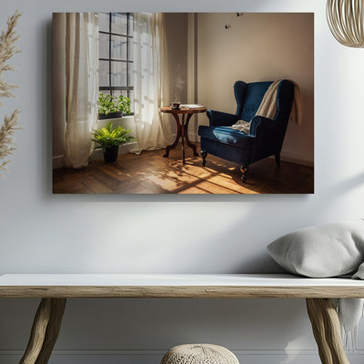 Toile dans une pièce baignée de soleil, lumière dorée passe à travers un art mural transparent, rideaux blancs, ombrage complexe sur une toile de chêne polie