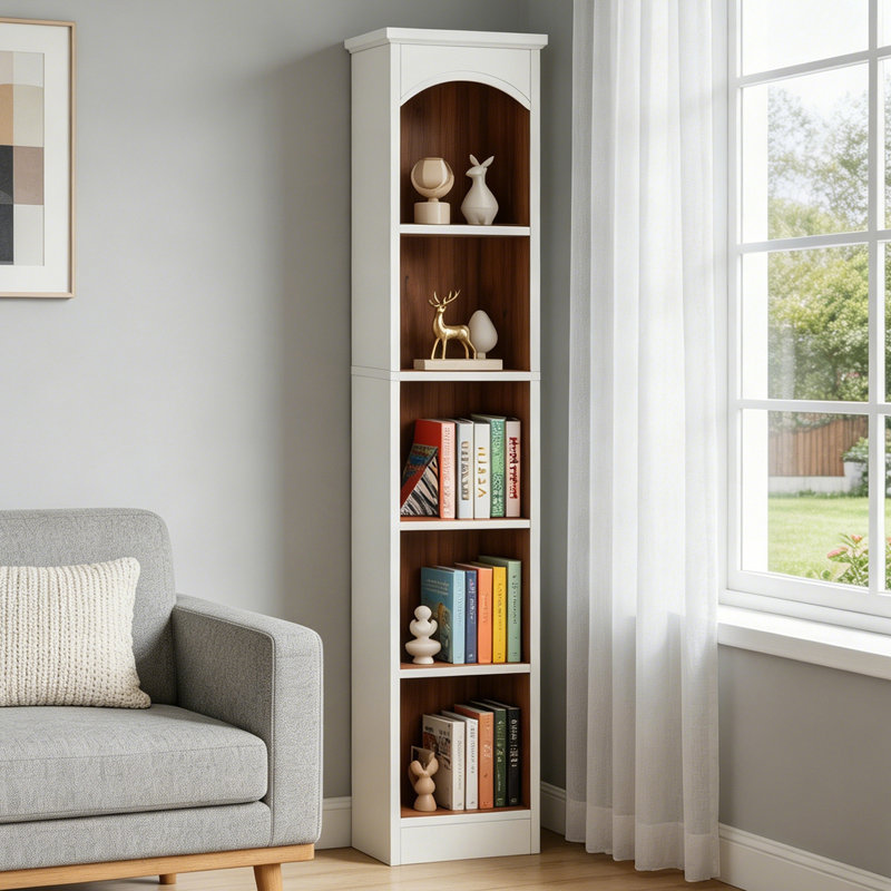 71" Tall Narrow Bookcase with 5-Tier Storage, Modern Cube Bookshelf, Blanc