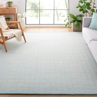 Vermont Hand Woven Cotton/Wool Geometric Rug in Teal/Ivory
