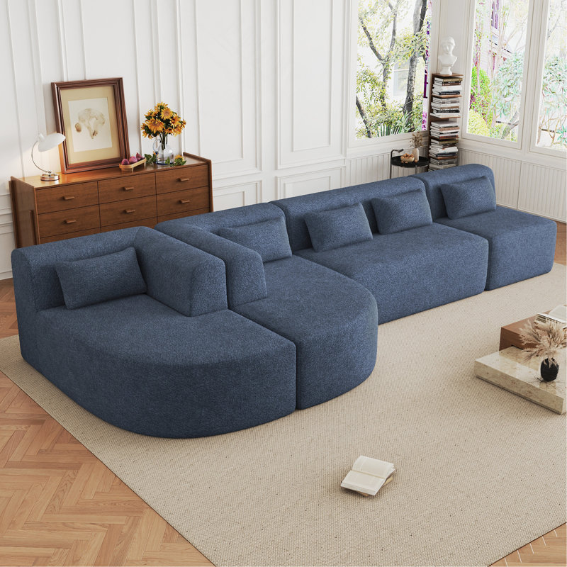 Versatile Upholstered Sofa With Multiple Configurations And Extra Pillows For Living Room, Blue Polyester