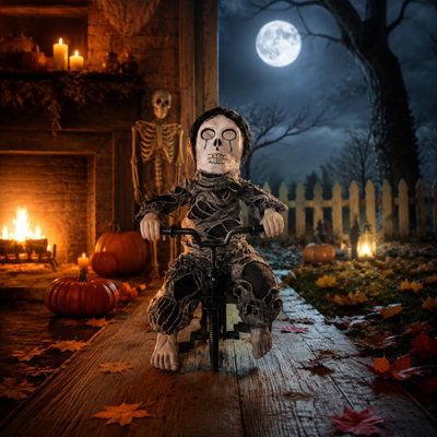 Activated Skeleton Tricycle Doll Prop Blue Glowing Eyes Animatronic Halloween Decor