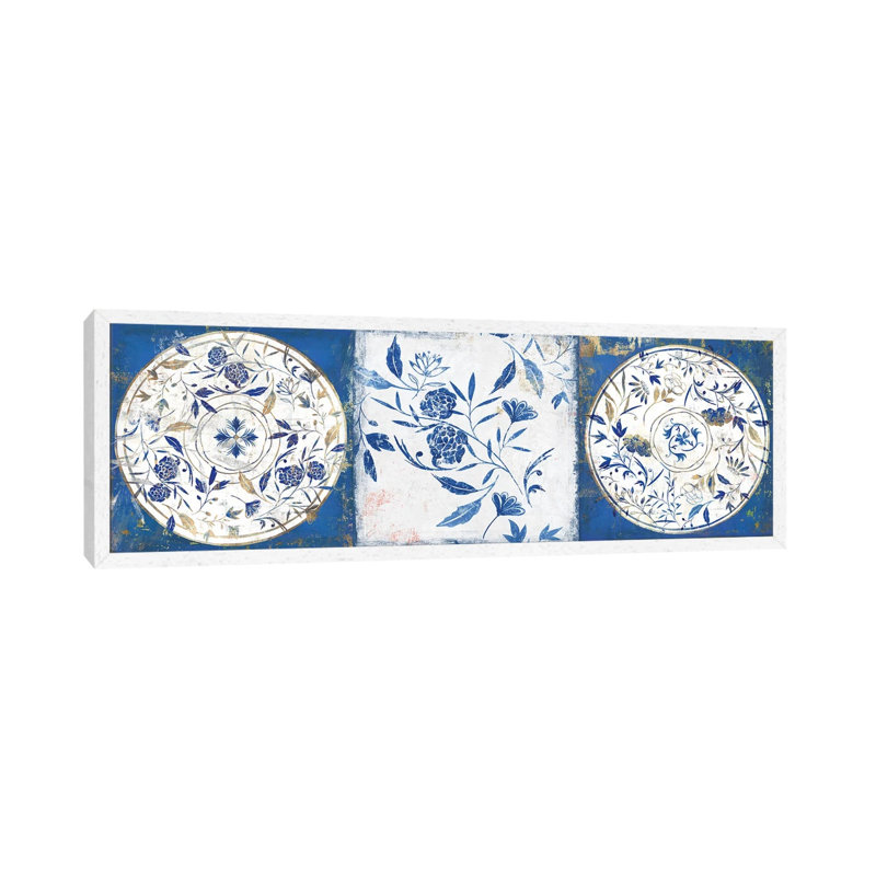 Indigo Ceramics II by Isabelle Z - Panoramic Painting on Canvas, 30.48 cm H x 91.44 cm W, White Framed