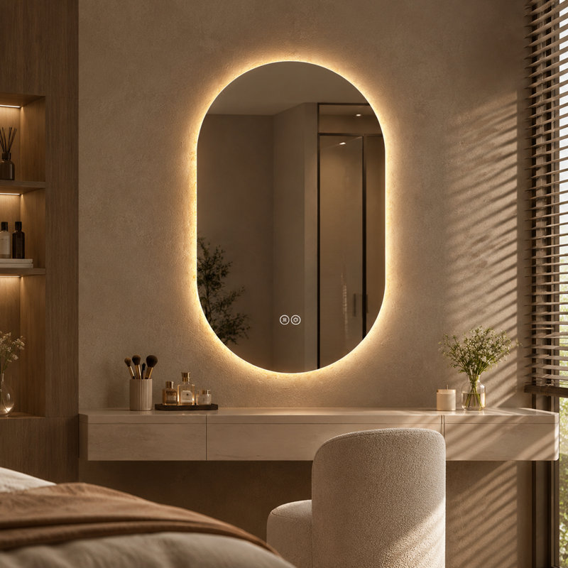Miroir de salle de bain mural à DEL antibuée avec commandes tactiles