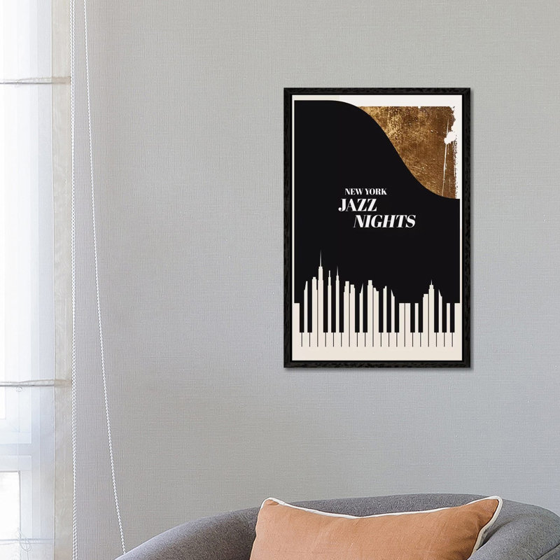 Jazz Nights by Kubistika - Print on Canvas, Black Floater Framed, 66.04cm H x 45.72cm W x 3.81cm D