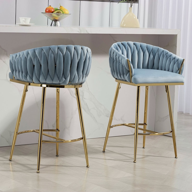 Ensemble de 2 tabourets de bar à hauteur de comptoir, tabouret de bar en velours pour îlot de cuisine avec dossier ondulé à la main, base chromée dorée et repose-pieds