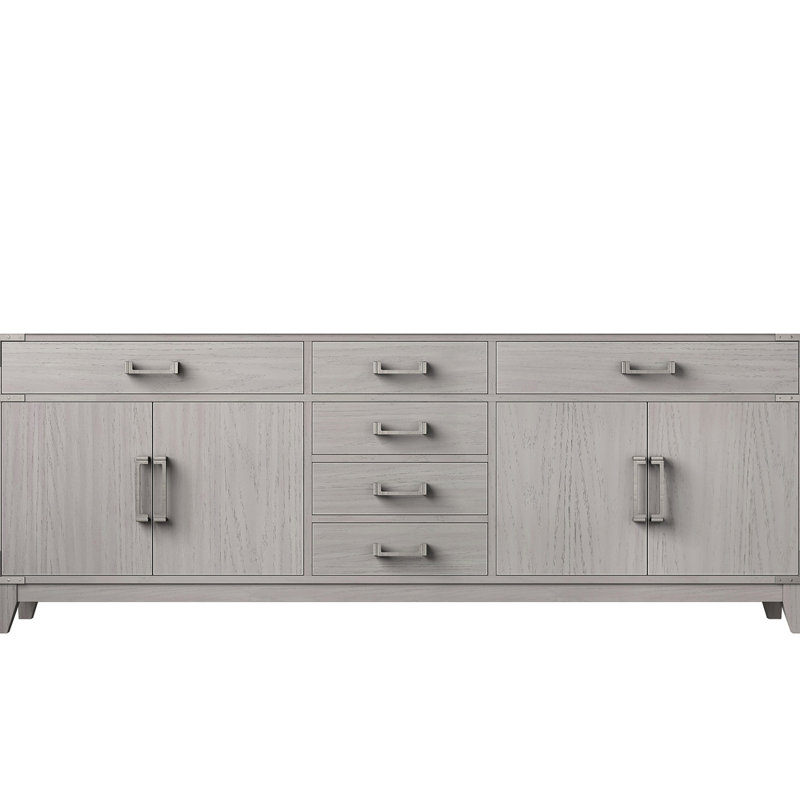 Meuble-lavabo double en chêne blanc de 84 po de largeur, fonction d'armoires à fermeture douce, deux armoires intérieures, quatre tiroirs, tablette ouverte, entièrement assemblé, bois massif et meuble-lavabo. W, système de fermeture pour salle de bain, facile