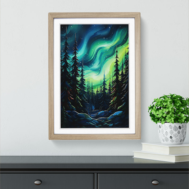 Northern Lights Abstract - Single Picture Frame Print on Wood, 64cm H x 46cm W x 2cm D, Oak