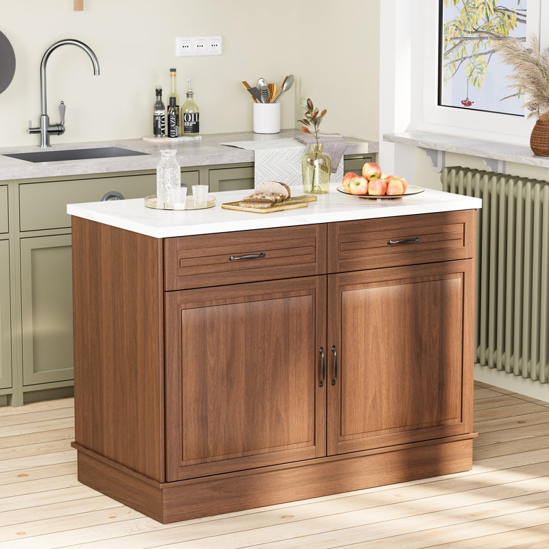 48" Island Table For Kitchen, Classic Kitchen Island Cart With Storage, Marble Countertop, Walnut Wood Grain And 2 Drawers & 2 Cabinets, Multi-scene Kitchen Storage Cabinet For Kitchen, Dining Room And Living Room, Coffee Walnut