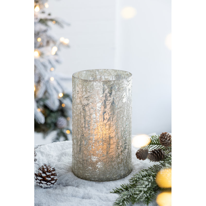 Glass Hurricane with Crackle and Etched Texture - 5"Dia. x 8.8" - Silver