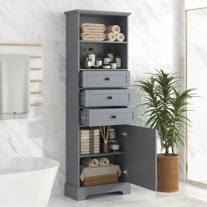 Gray Tall Storage Cabinet With 3 Drawers And Adjustable Shelves For Bathroom, Study, Office And Interior, MDF Board With Painted Finish