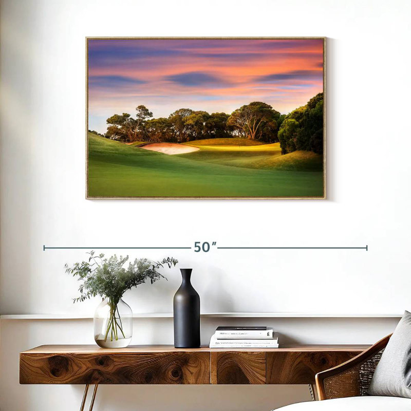 Terrain de golf, coucher de soleil, Cadre flottant en bois naturel, 37 po x 25 po