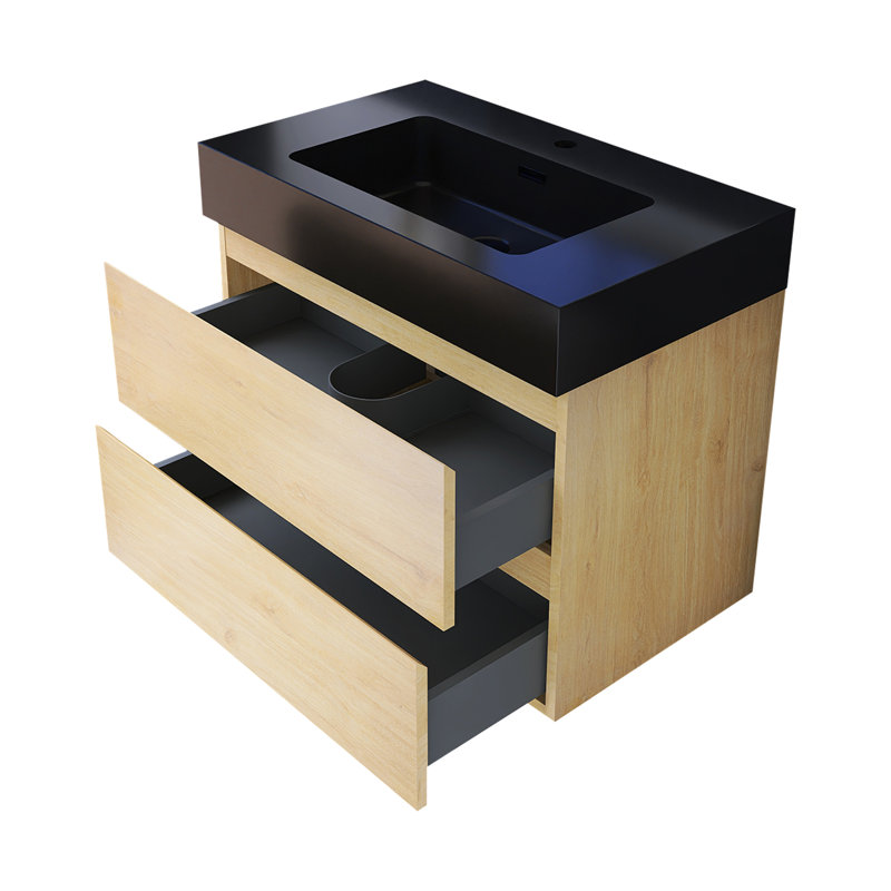 30 po W Meuble-lavabo mural à simple cuve avec lavabo noir, Chêne