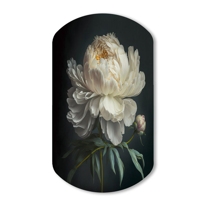 Blooming White Peony V - Art mural asymétrique floral en forme de cylindre, H 31 po x l 19 po