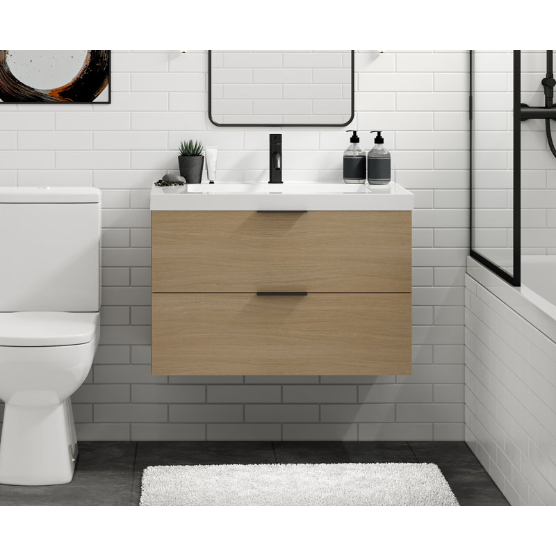 Avila 30" W Wall Mounted Single Bathroom Vanity, Matte White/8" Widespread, Nocino, Polished Nickel