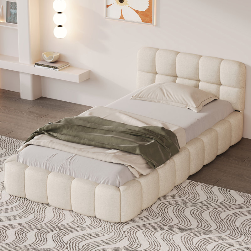 Upholstered Double Bed with Unique Mattress Design, Single (3'), White