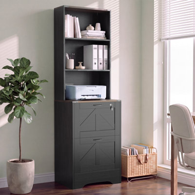 2 Drawer File Cabinet with Lock, Wooden Filing Cabinet Fits Legal/Letter/A4 Size Files, Farmhouse Printer Stand Cabinet with Open Storage Shelves for Home Office, Black