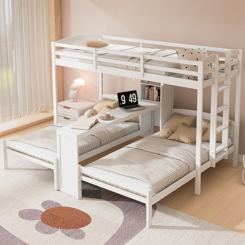 Lit superposé simple au-dessus de simple avec bureau intégré, tablettes de rangement et lampe de lecture à DEL, blanc, Blanc