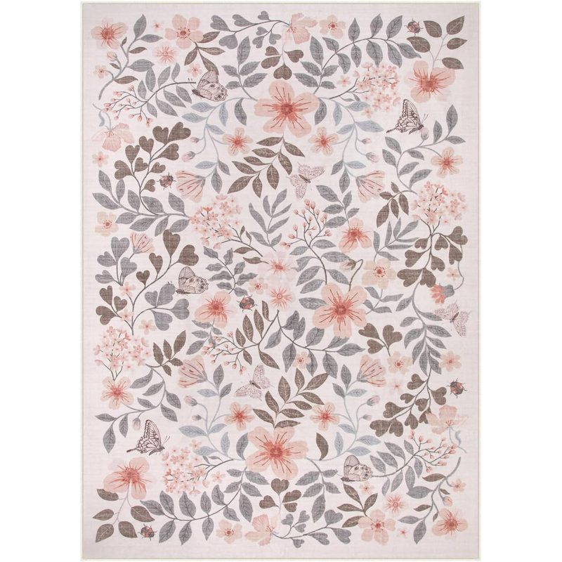  Floral Washable Area Rug Non-Slip Stain Resistant Low-Pile Boho Large Indoor Throw Carpet, Beige/Pink, Rectangle 5' x 7'