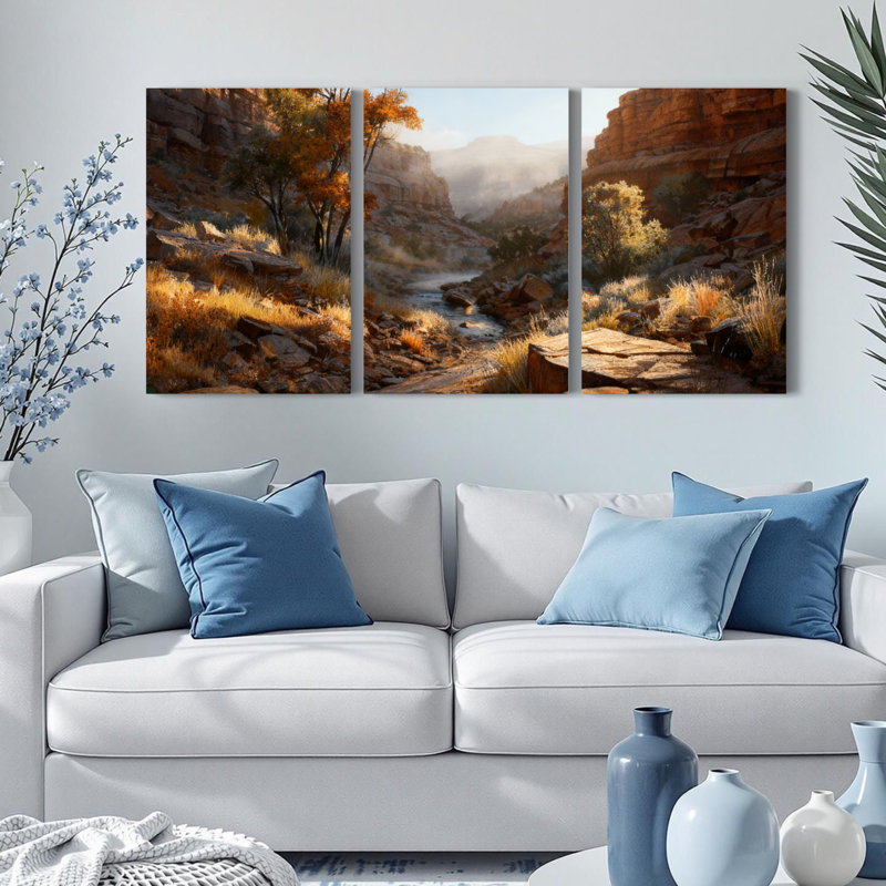 Ensemble de 3 tableaux sur toile représentant un paysage de canyon désertique, H 30 po x l 60 po