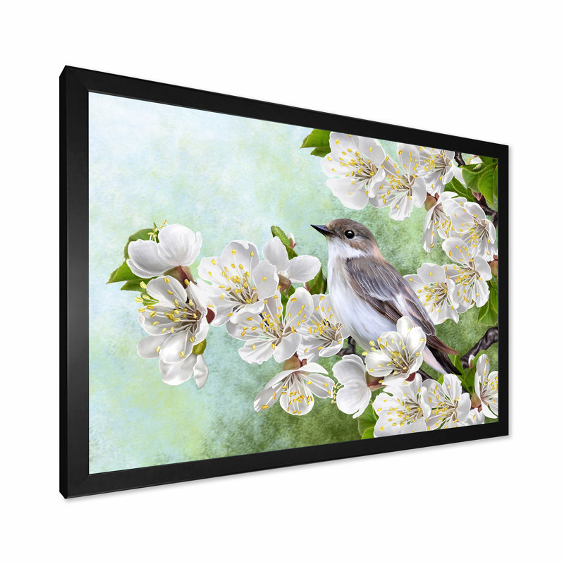 Oiseau gris sur une branche d'un arbre en fleurs - Peinture sur toile, Cadre noir, H 24 po x l 32 po x P 1 po