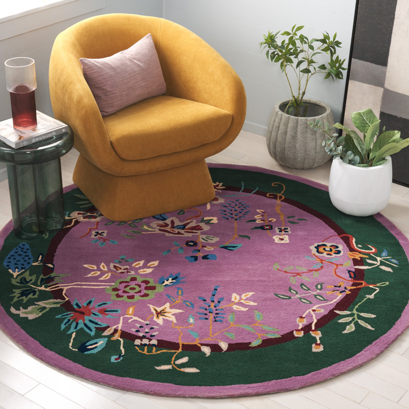 Tapis floral en laine / coton touffeté à la main Phaong - mauve / vert, Rond 6 po