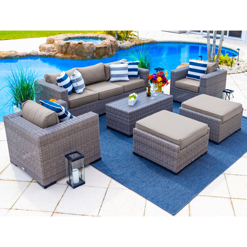 Ensemble de conversation pour 7 personnes avec coussins Sunbrella en osier / rotin Aleyza, Taupe