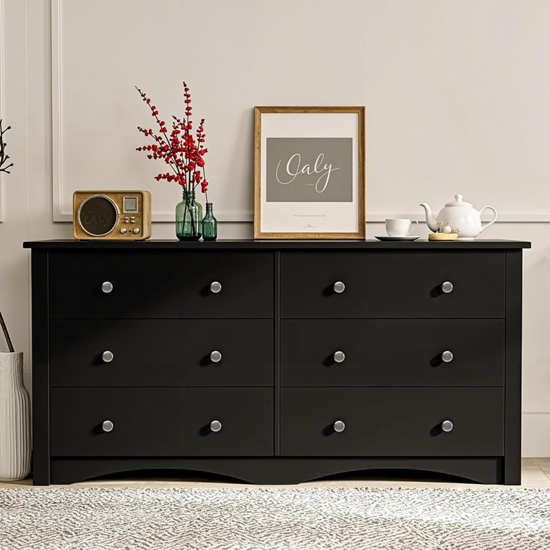 Commode 6 tiroirs pour la chambre à coucher, large commode en bois pour les placards de couloir de salon (noir foncé)